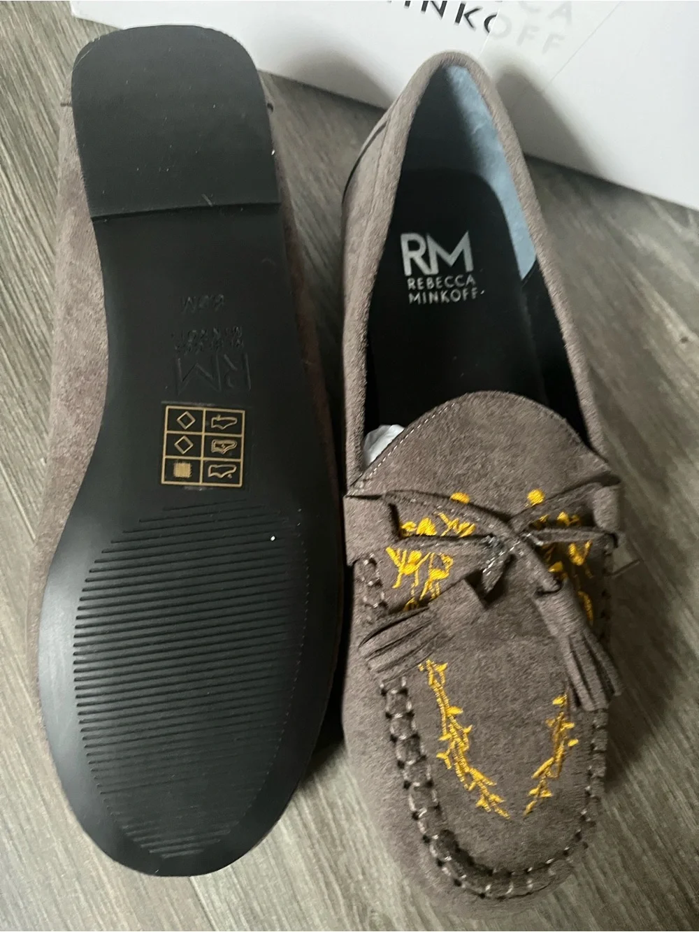 Rebecca Minkoff Taupe Suede Tassel Loafers with Yellow Embroidery